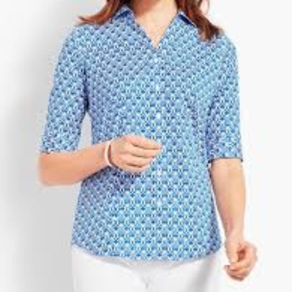Talbots Hearts Scrolling Elbow Sleeve Shirt Top Size 14 Blue and White Non Iron